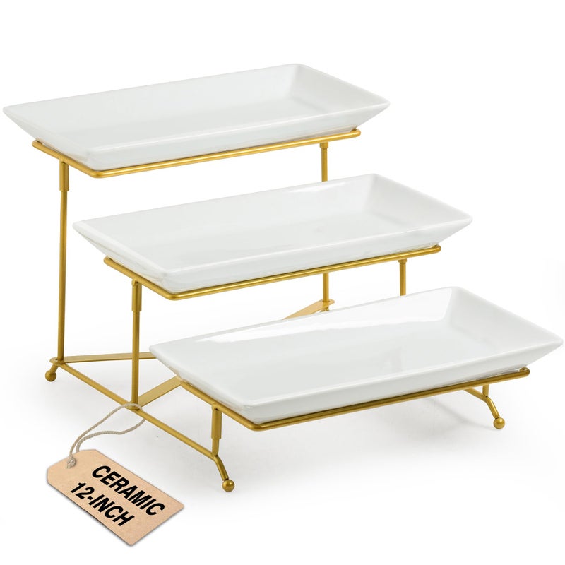 LAUCHUH 3 Tier Serving Stand Porcelain Serving Platter Tier Serving Trays with Collapsible Sturdier Rack, Serving Dishes and Platters for Thanksgiving, Christmas, Entertaining, Gold, 12 Inch - Image 1